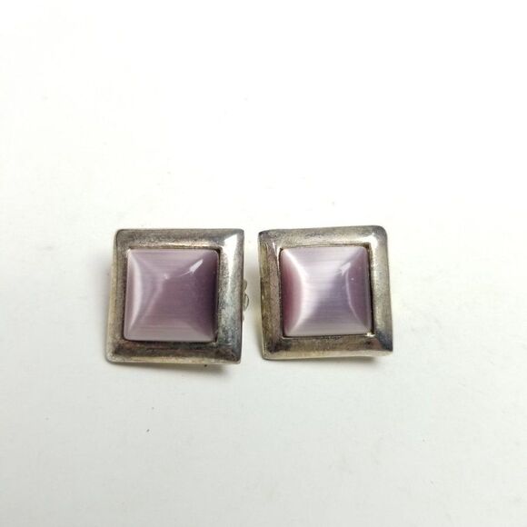 Vintage Lavender Purple Square Clip On Earrings, Silver Tone Setting, Estate - Picture 2 of 6